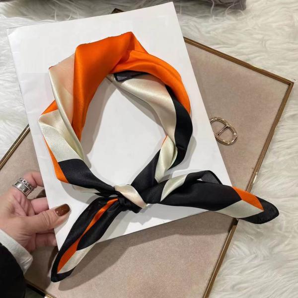 Foulard Shawl Silk Satin Geometric Orange Black Beige